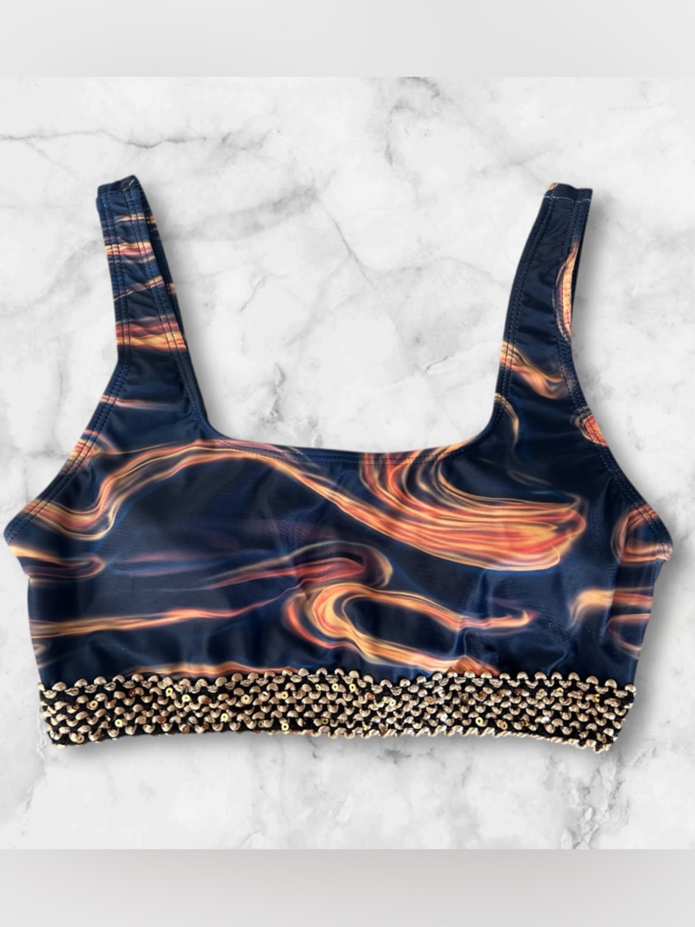 NWOT 2Pc Swimsuit Bikini Navy Orange Swirl Textured Gold Sequin Trim Size M - Picture 3 of 12